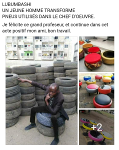 Capture d'écran, Basetege Kamagate devant des pneus. A droite, exposition des pneus déjà transformés en poufs
